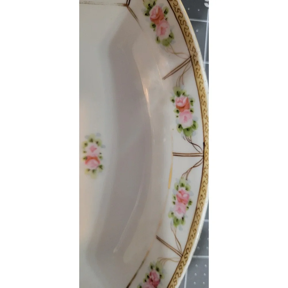 Nippon Hand Painted Art Porcelain Floral Gold Trim Oval Serving Bowl w/ Handles